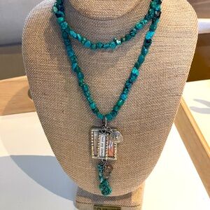 Turquoise Beaded Necklace with Silver locket frame & Charms 30” & 4” pendant